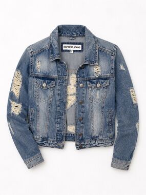 Expess Cropped Distressed Blue Denim Jacket